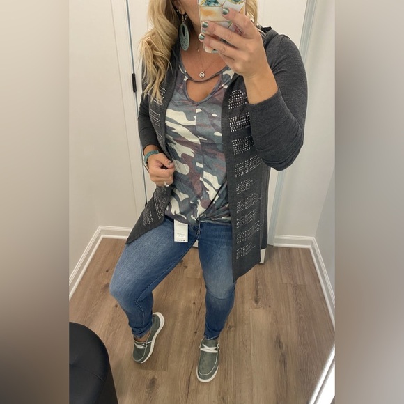 Vocal Sweaters - NWT Vocal charcoal hooded cardigan with studs